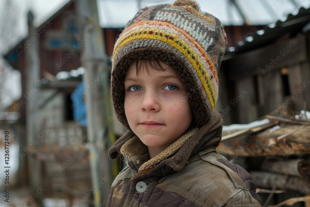 Portrait of a serious child wearing warm winter clothes standing in front of a wooden house and pile of firewood in a rural area Portrait of a serious child wearing warm winter clothes standing in front of a wooden house and pile of firewood in a rural area