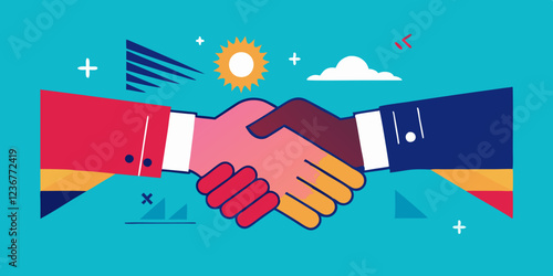 Two shaking hands with geometric shapes. Friendly and business handshake symbolizing friendship, cooperation, diversity, agreement and compromise. Vector color flat illustration