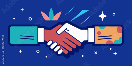 Two shaking hands with geometric shapes. Friendly and business handshake symbolizing friendship, cooperation, diversity, agreement and compromise. Vector color flat illustration