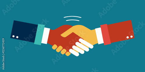 Two shaking hands with geometric shapes. Friendly and business handshake symbolizing friendship, cooperation, diversity, agreement and compromise. Vector color flat illustration