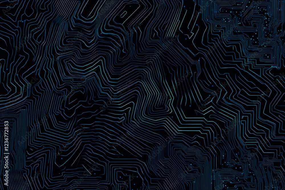 Obraz premium Abstract close-up of a glowing blue digital circuit board, showcasing intricate connections and technological design on a black background. 