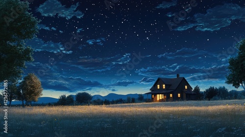 Nightfall at country house, starlit sky, peaceful meadow, idyllic rural scene, perfect for home decor