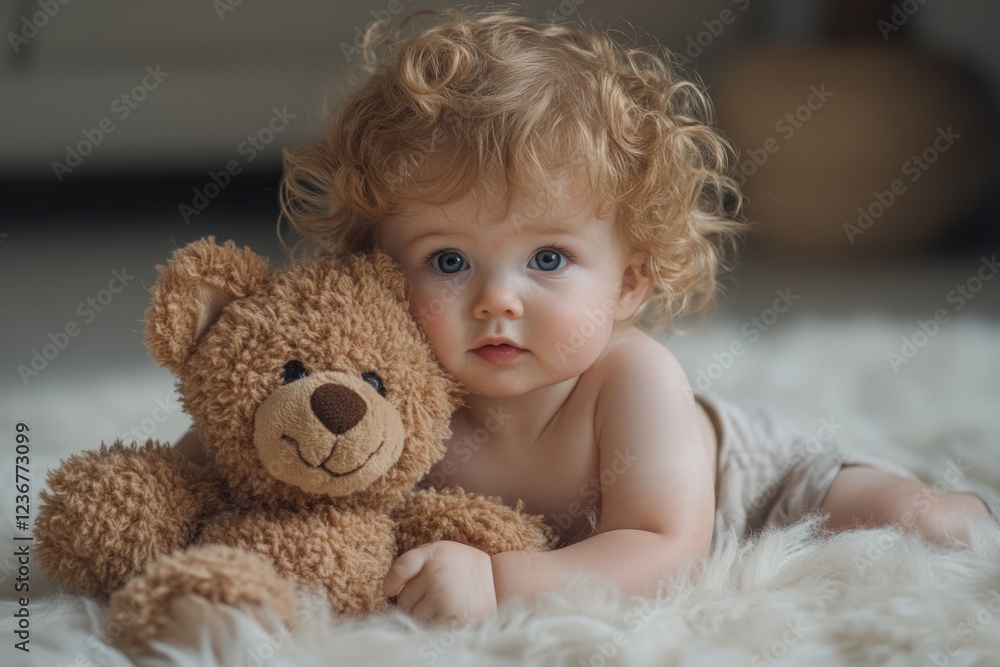 Adorable baby with curly blonde hair lying on a soft fur rug and cuddling a bear Adorable baby with curly blonde hair lying on a soft fur rug and cuddling a bear