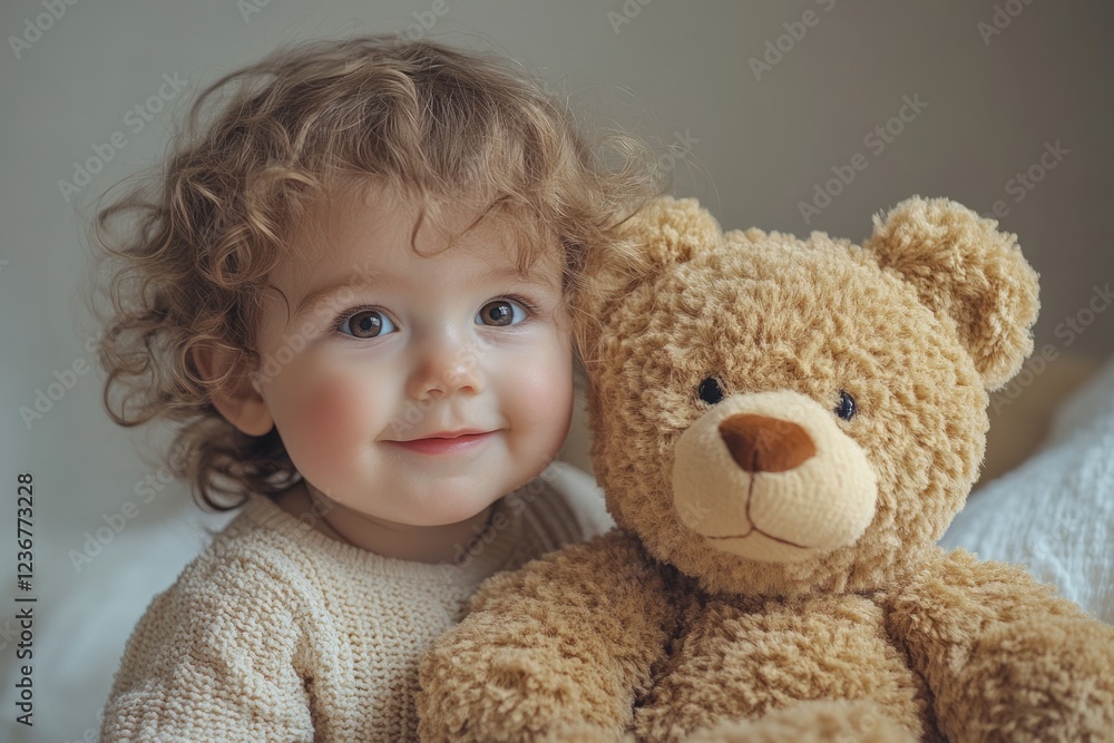 Sweet toddler embracing bear on bed, creating a heartwarming scene of childhood innocence and affection Sweet toddler embracing bear on bed, creating a heartwarming scene of childhood innocence and affection