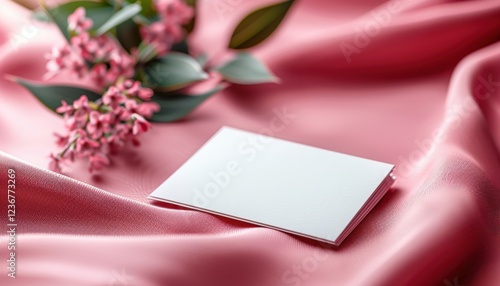 A white card is on a pink background with a flower