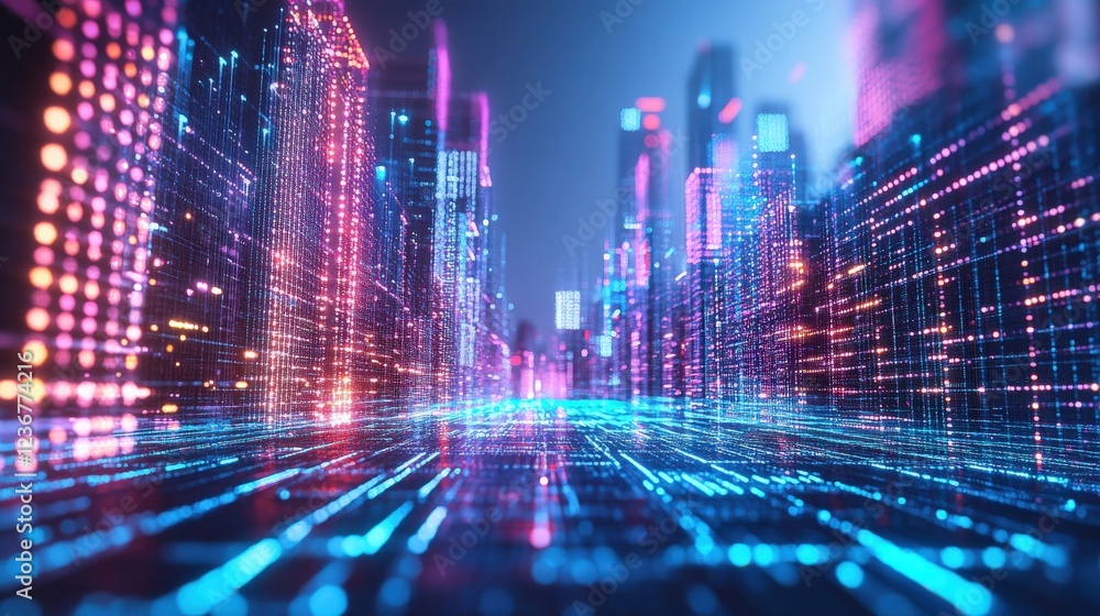 Futuristic Digital Cityscape with Neon Lights Reflecting on Ground in a Vibrant Tech Environment, Showcasing Urban Architecture and High-Tech Innovations Futuristic Digital Cityscape with Neon Lights Reflecting on Ground in a Vibrant Tech Environment, Showcasing Urban Architecture and High-Tech Innovations