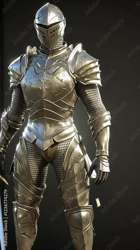 Highly detailed knight in shining armor posed with sword in a dramatic lighting setup Highly detailed knight in shining armor posed with sword in a dramatic lighting setup