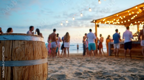 Beach party celebration at sunset oceanfront bar social gathering relaxed atmosphere festive vibe