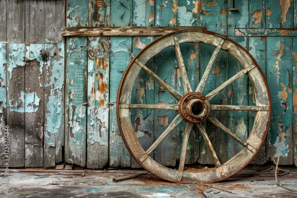 Obraz premium Old wooden wheel leaning against a weathered wooden wall with peeling paint, creating a rustic and nostalgic scene