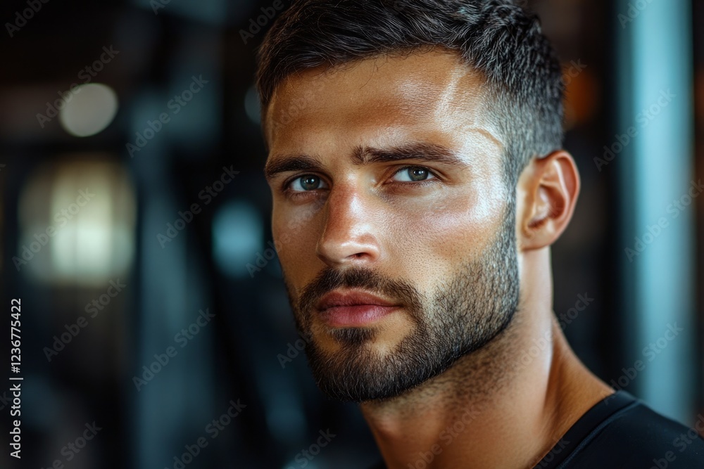 Fototapeta premium Close-up of sweaty sportsman resting after intense training session