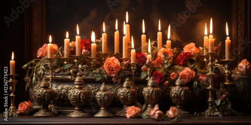 Romantic candles, roses, antique d?cor, dark background, event invitation.