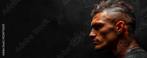 Profile of punk man with mohawk and tattoos showing his serious expression on black background photo