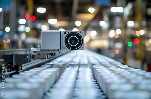Automated factory camera inspecting white cups on a conveyor belt.