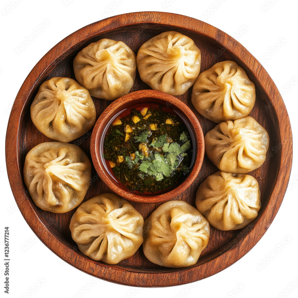 Fototapeta premium Delicious Dumplings Served with Spicy Dipping Sauce on Wooden Tray