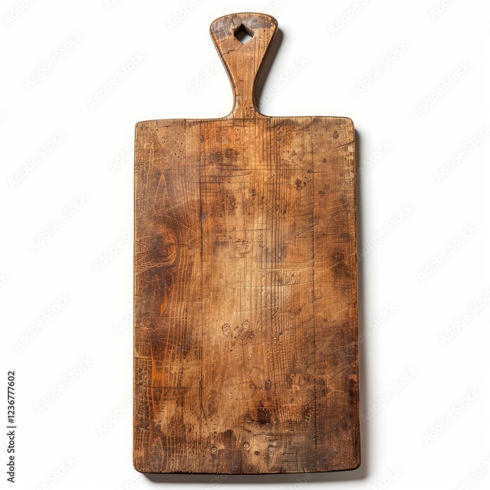 Fototapeta premium Empty vintage cutting board with handle isolated on white background, ready for food preparation