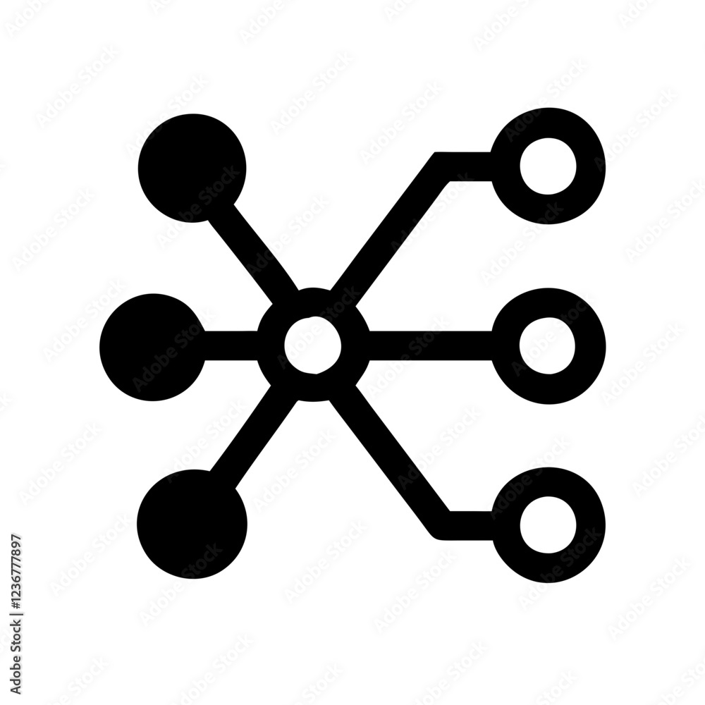 A black outlined network node icon with three connected points on a white background. Represents connections, data flow, and communication. A black outlined network node icon with three connected points on a white background. Represents connections, data flow, and communication.