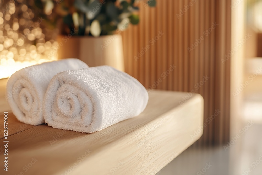 Softly glowing light highlights neatly rolled white towels on a smooth wooden sauna bench, surrounded by hints of eucalyptus and cedar, creating a soothing wellness atmosphere Softly glowing light highlights neatly rolled white towels on a smooth wooden sauna bench, surrounded by hints of eucalyptus and cedar, creating a soothing wellness atmosphere