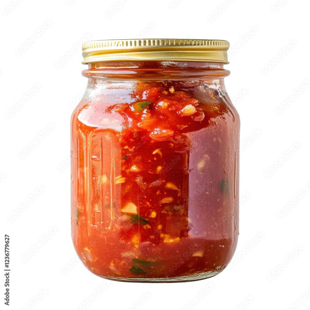 Fresh Organic Tomato Sauce in Glass Jar with Lid on White Background Fresh Organic Tomato Sauce in Glass Jar with Lid on White Background