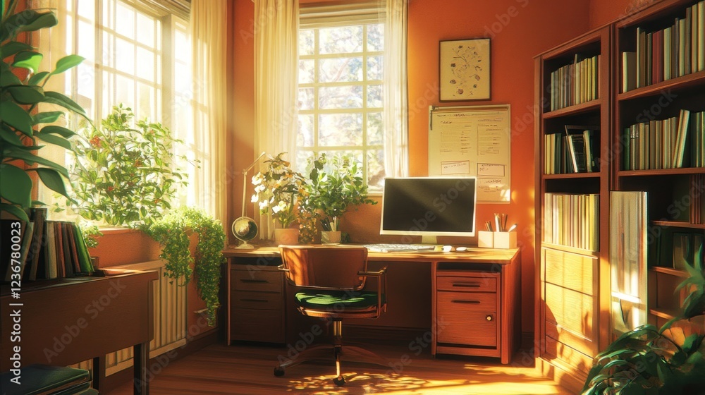 Fototapeta premium Sunlit Study: A Peaceful Workspace with Abundant Plants and Books