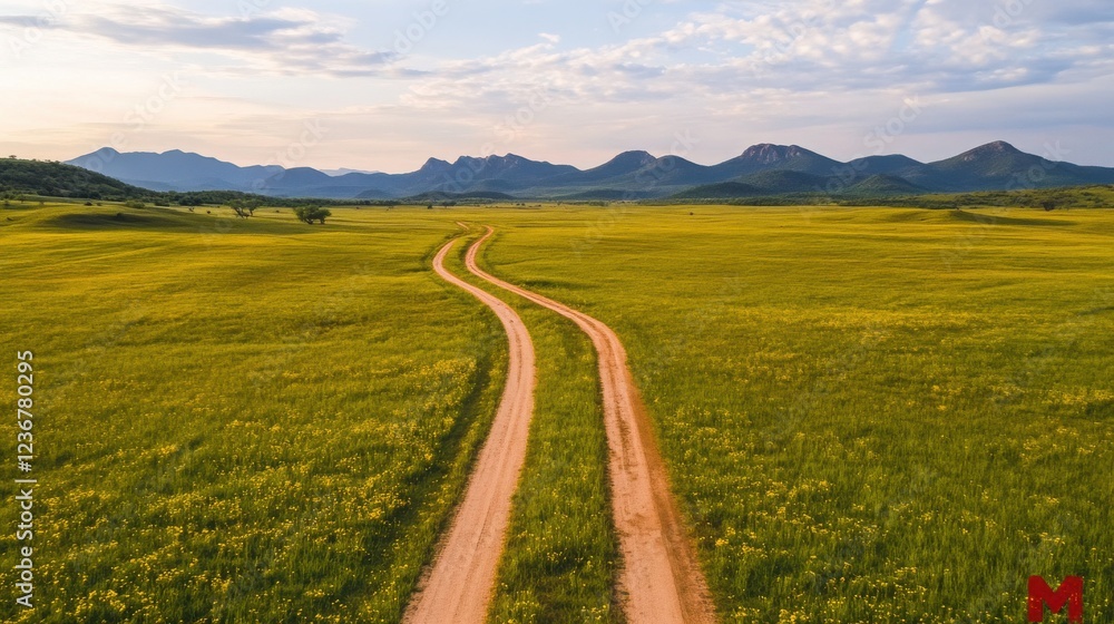 Obraz premium Aerial view of a dirt road meandering through a vast green meadow filled with patches of yellow flowers, leading towards distant mountains. 