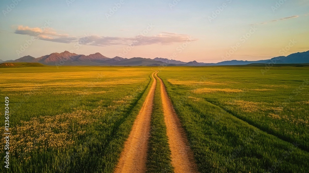 Aerial view of a dirt road meandering through a vast green meadow filled with patches of yellow flowers, leading towards distant mountains. Aerial view of a dirt road meandering through a vast green meadow filled with patches of yellow flowers, leading towards distant mountains.