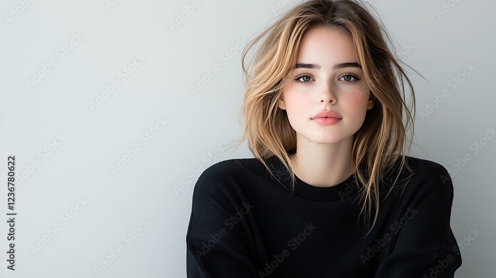 Artistic portrait of a slim woman sitting sideways, happy expression, aligned straight legs, glowing studio lighting, crisp white backdrop, harmonious pose, Ultra-Realistic, Photo Realistic, Artistic portrait of a slim woman sitting sideways, happy expression, aligned straight legs, glowing studio lighting, crisp white backdrop, harmonious pose, Ultra-Realistic, Photo Realistic,