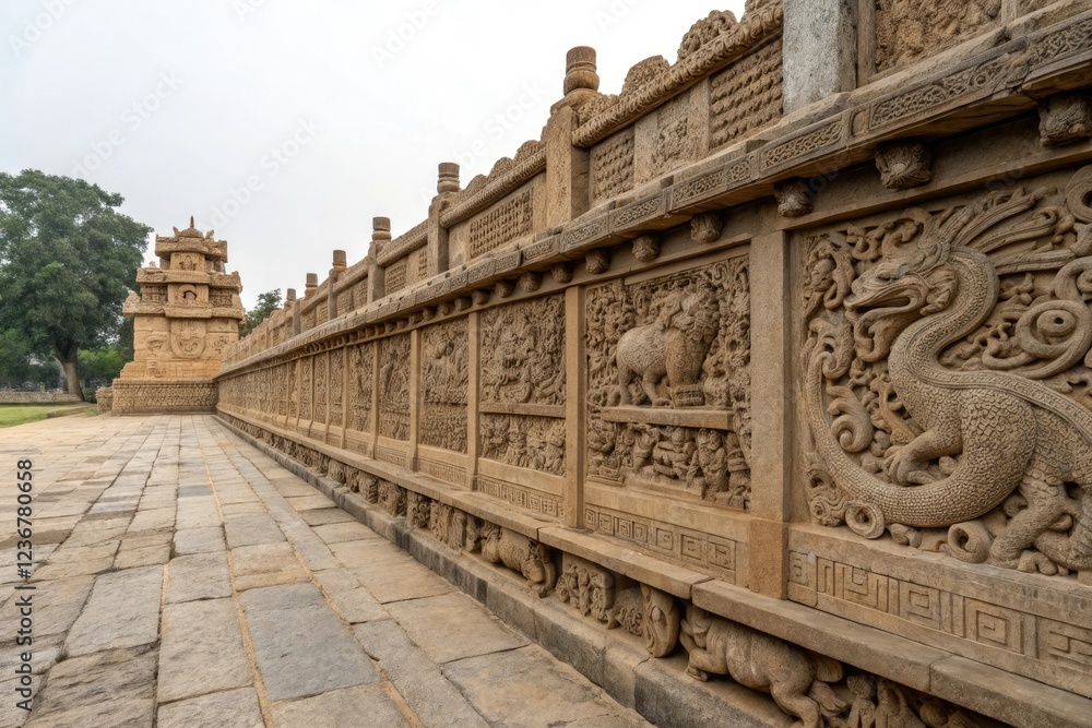 Obraz premium Intricate stone carvings on an ancient wall depicting mystical creatures, ancient, mythical, stone carving, mystic