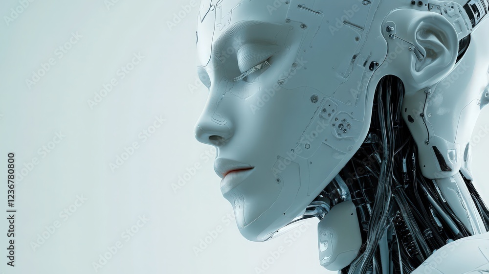 Futuristic humanoid robot with a serene expression showcases technological advancement Futuristic humanoid robot with a serene expression showcases technological advancement