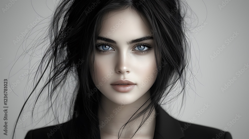 Naklejka premium Captivating woman fair-skinned bright blue eyes elegant black curls loose bun stylish professional suit tonal black and white Ultra-Realistic Photo Realistic highly detailed 