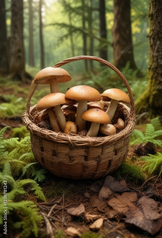Large Boletus edulis mushroom in a wooden basket on a forest floor, outdoor scenes, tree roots Large Boletus edulis mushroom in a wooden basket on a forest floor, outdoor scenes, tree roots