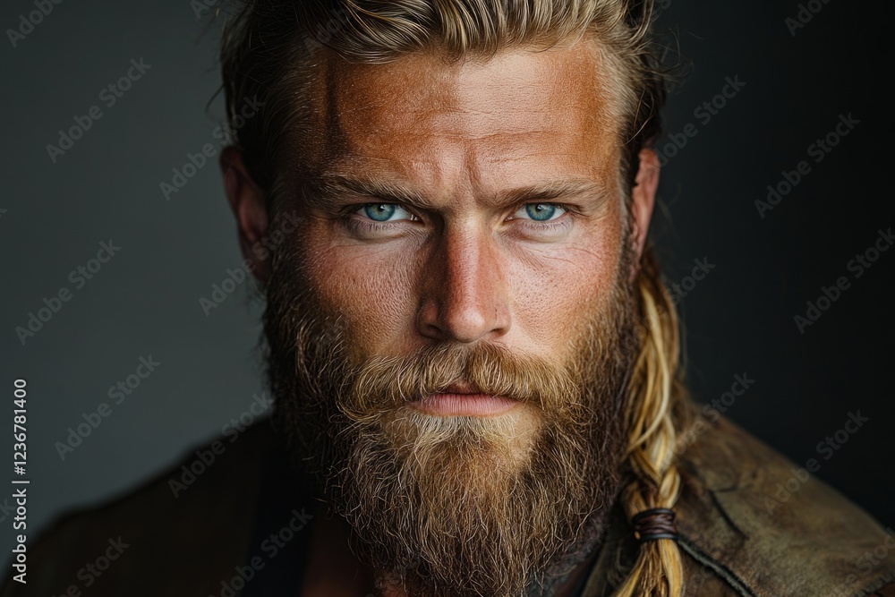 Fototapeta premium Portrait of attractive blonde bearded man with braided ponytail posing on dark background