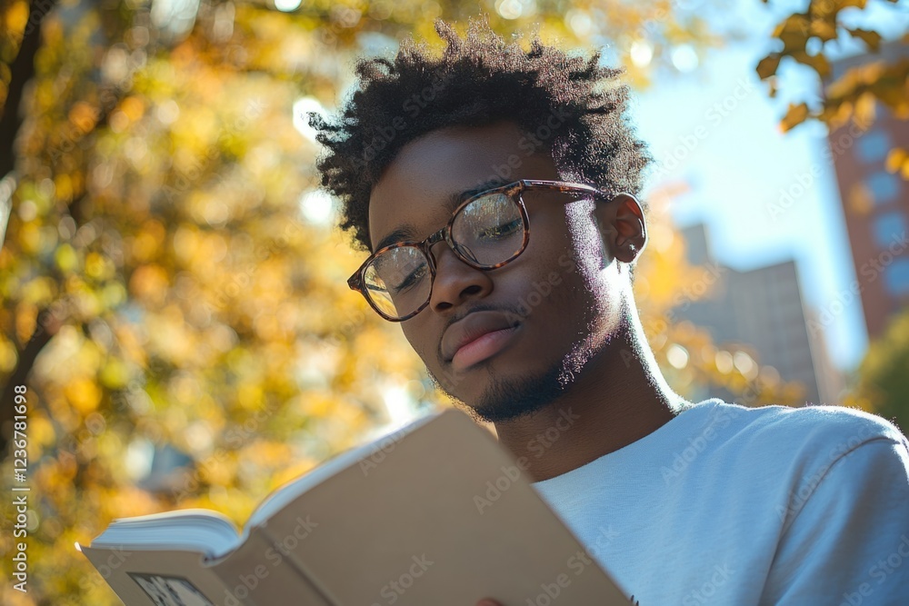 Focused student enjoying a book outdoors surrounded by colorful autumn foliage Focused student enjoying a book outdoors surrounded by colorful autumn foliage
