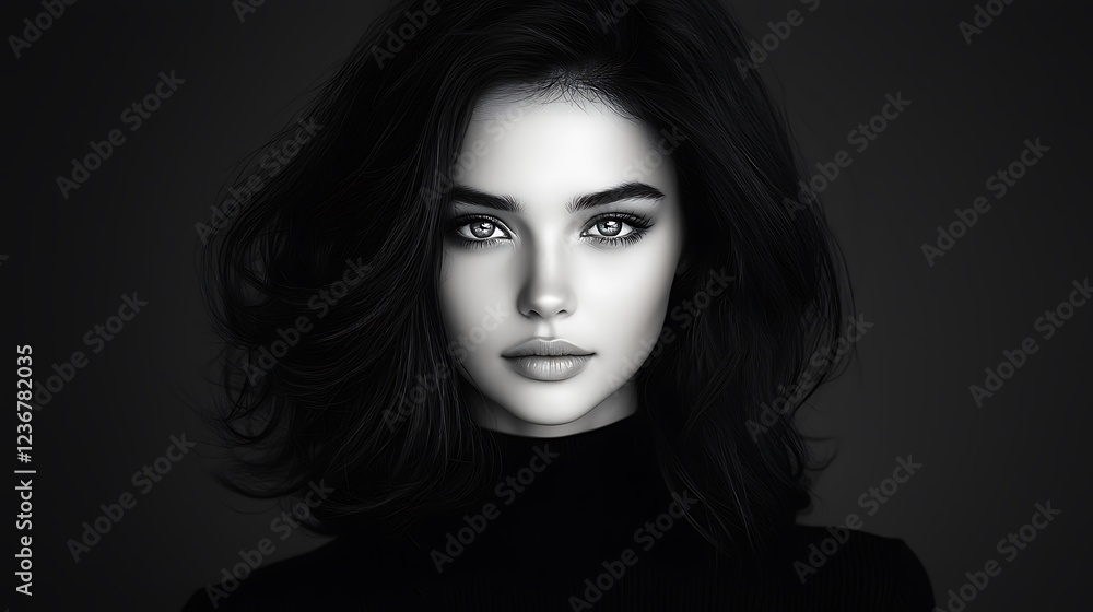 Fototapeta premium Elegant monochrome woman radiant fair skin sharp blue eyes relaxed black curls tailored outfit grayscale perfection Ultra-Realistic Photo Realistic highly detailed 