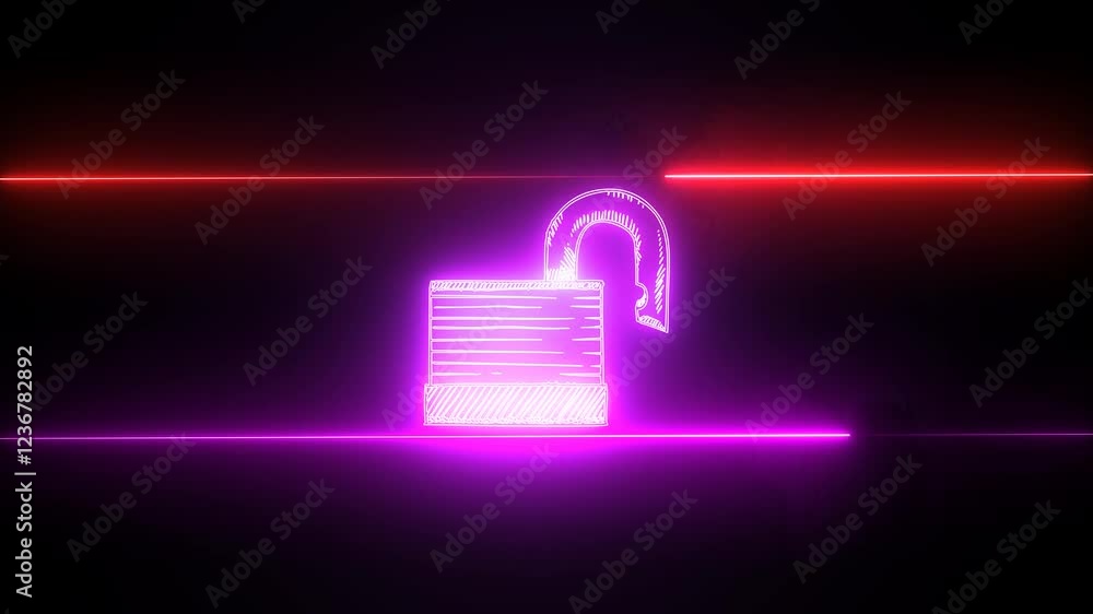 Neon lines direction glowing unlock icons with cybersecurity lock icons safety, protection technology futuristic trendy ribbon lines Neon lines direction glowing unlock icons with cybersecurity lock icons safety, protection technology futuristic trendy ribbon lines