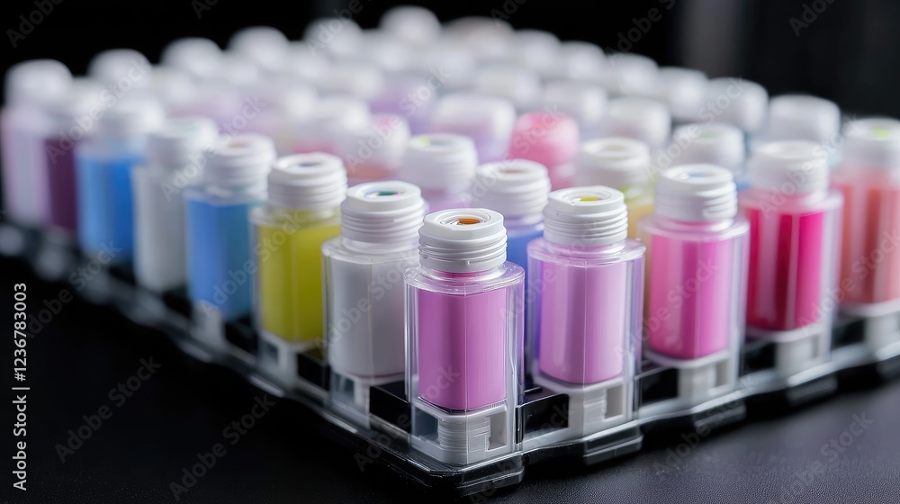 Colorful pigment samples in tray, studio shot, dark background, for design Colorful pigment samples in tray, studio shot, dark background, for design