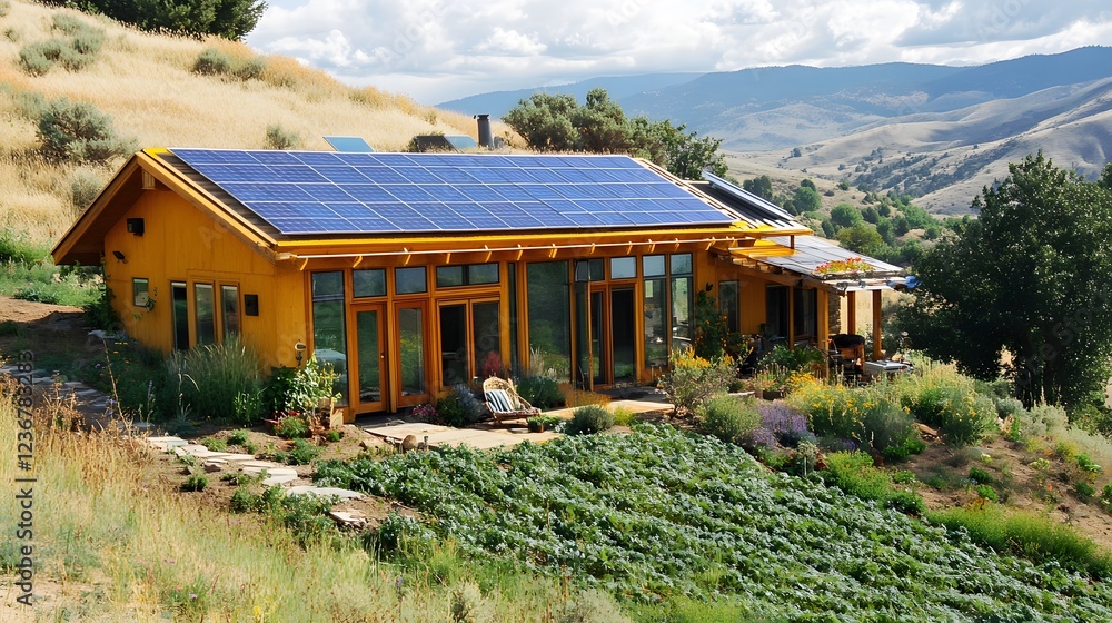 Bright Yellow Solar Powered House in Scenic Mountain Landscape Bright Yellow Solar Powered House in Scenic Mountain Landscape