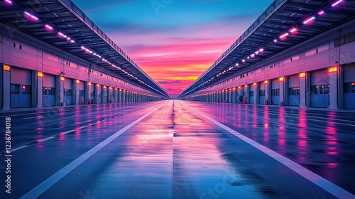 Empty modern warehouse parking lot at sunset photo