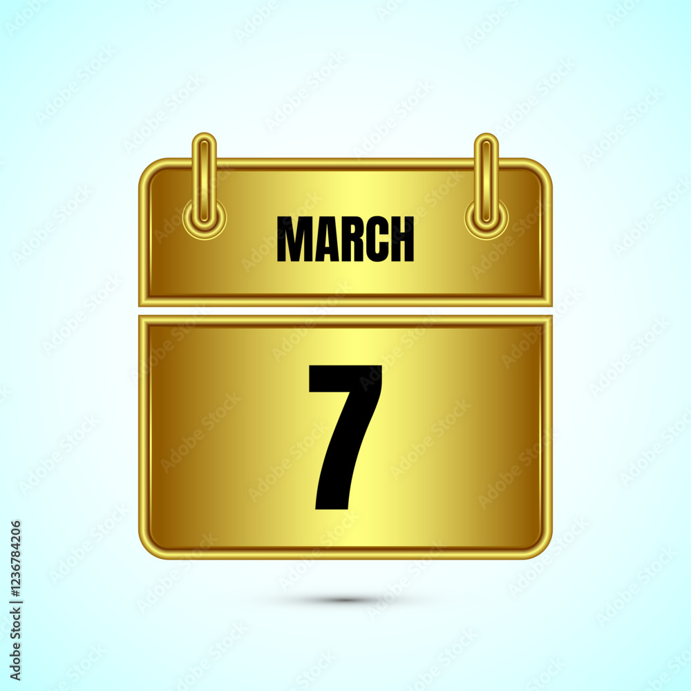 Fototapeta premium March 7 calendar and time planner on gold background. Daily calendar icon, schedule symbol