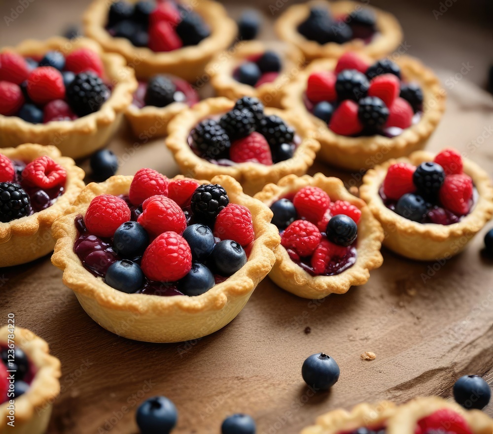 Miniature tartlets filled with a mix of fresh berries and topped with a crumbly pastry crust, tartlets, mini desserts Miniature tartlets filled with a mix of fresh berries and topped with a crumbly pastry crust, tartlets, mini desserts