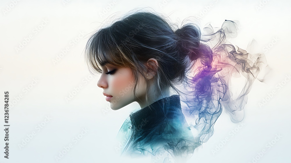 Sophisticated portrait of a young woman with textured hair, her silhouette glowing gently against a smooth lavender and teal gradient, Ultra-Realistic, Photo Realistic, highly detailed, Sophisticated portrait of a young woman with textured hair, her silhouette glowing gently against a smooth lavender and teal gradient, Ultra-Realistic, Photo Realistic, highly detailed,