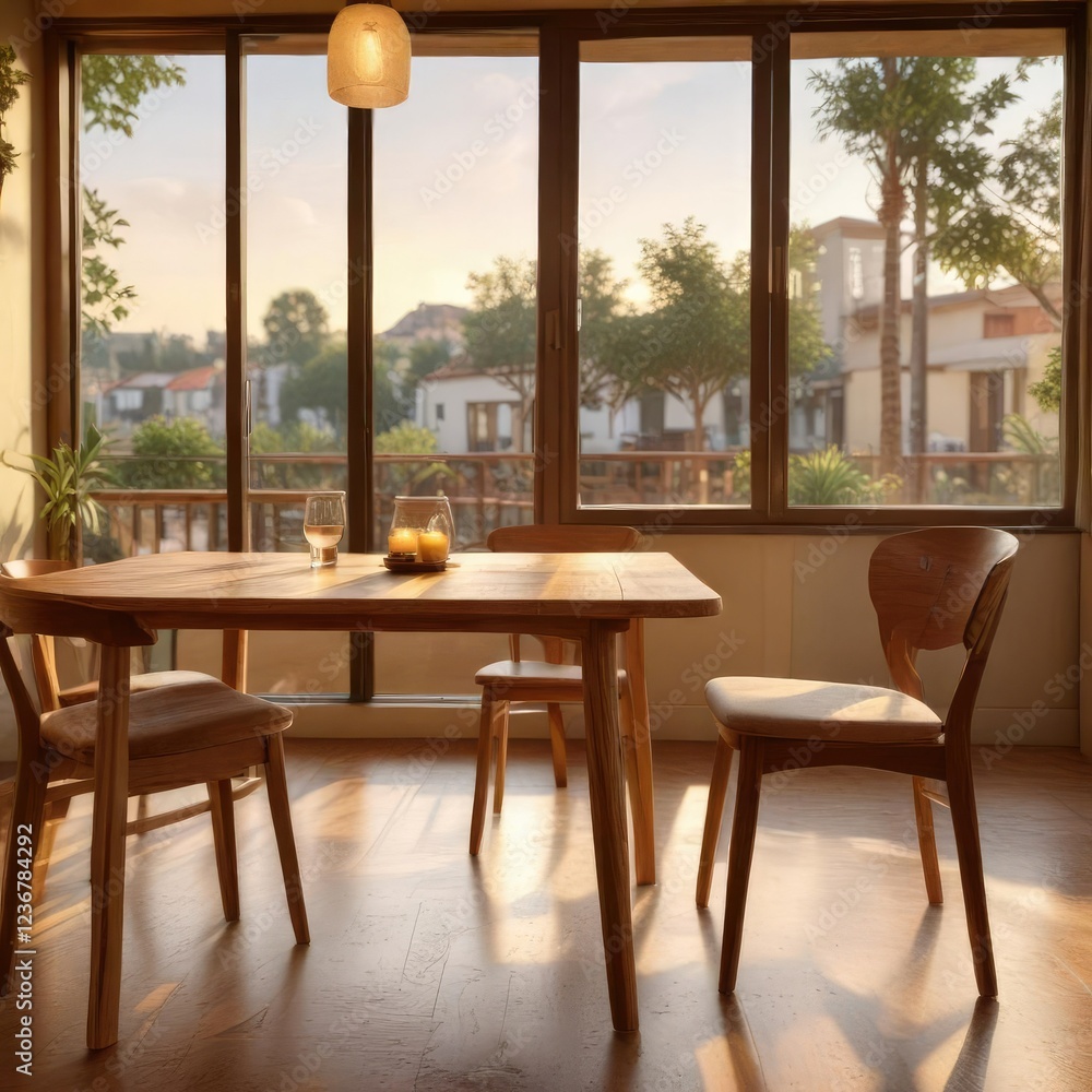 Fototapeta premium Minimalist wooden dining table with a slight blur effect, set against a warm golden light background in a cozy cafe, soft, natural, dark