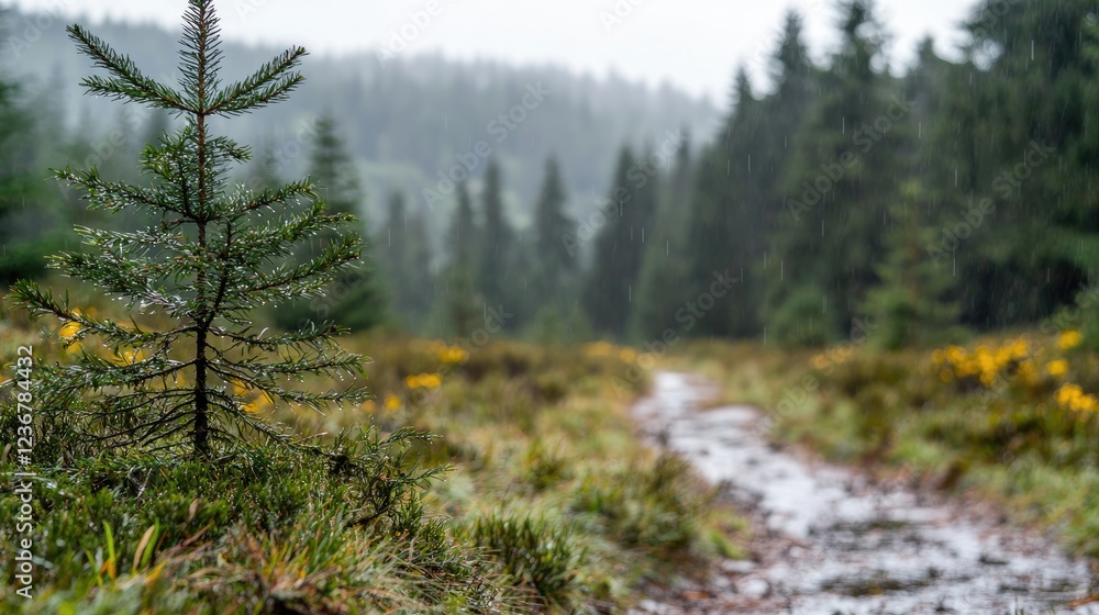 Rainy mountain trail, young spruce, wildflowers Rainy mountain trail, young spruce, wildflowers
