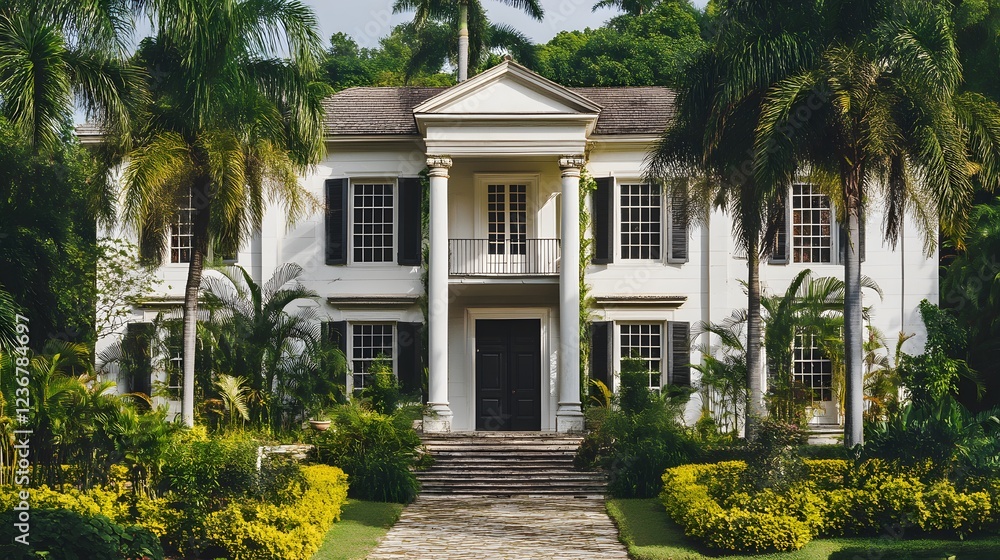 Fototapeta premium Elegant Colonial Style House Surrounded by Tropical Plants and Gardens
