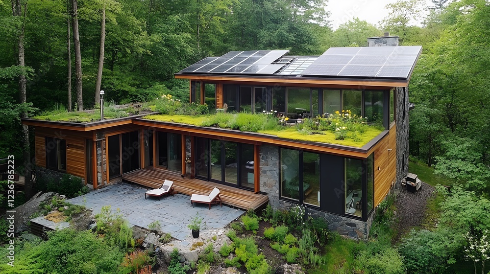 Modern Eco-Friendly House with Solar Panels and Green Roof in Nature Modern Eco-Friendly House with Solar Panels and Green Roof in Nature