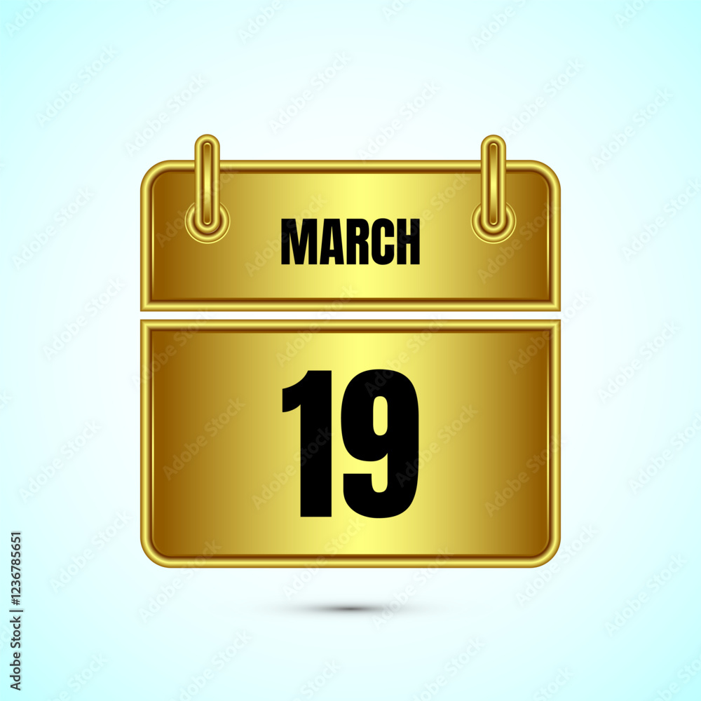 March 19 calendar and time planner on gold background. Daily calendar icon, schedule symbol March 19 calendar and time planner on gold background. Daily calendar icon, schedule symbol