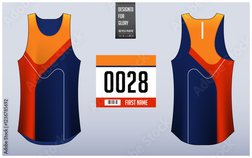 Running shirt design template, Tank top jersey mockup for athlete. Running singlet pattern. Uniform front view back view.
