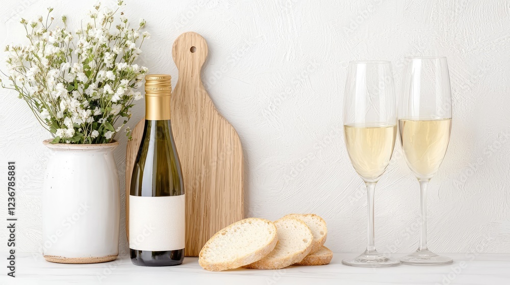 Naklejka premium Romantic white wine, bread, flowers setting