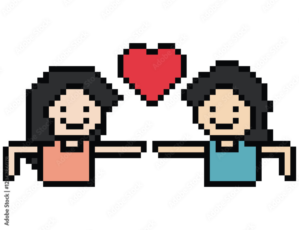 Obraz premium Cute pixel cartoon 8bit character couple together feel love happy heart soulmate relationship decoration 8 bit couple in love valentine day game isolated PNG vector.