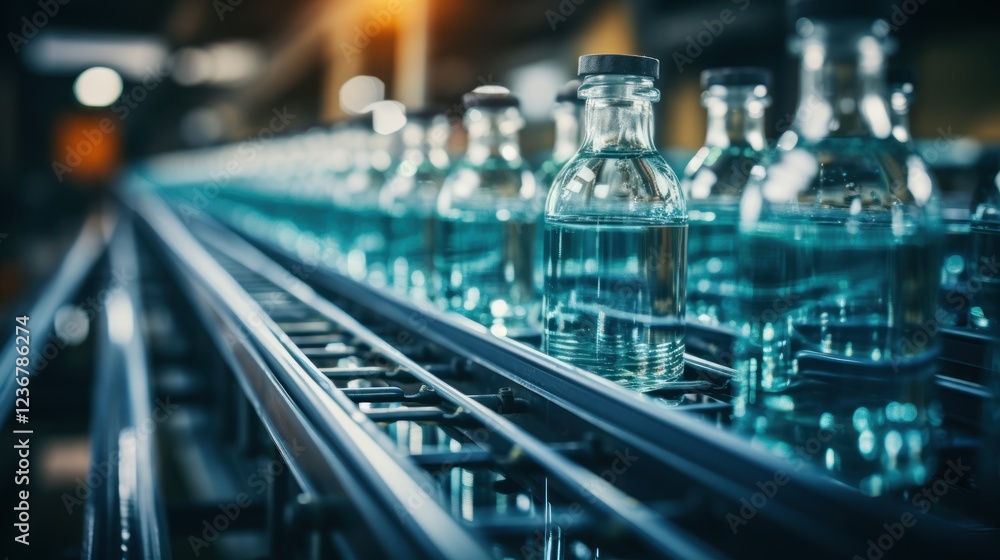 Bottles on Conveyor Belt in Factory Bottles on Conveyor Belt in Factory