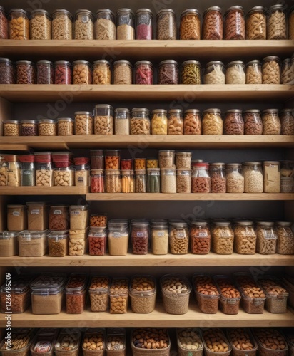 Wallpaper Mural Orderly pantry shelves filled with baskets of snacks, nuts, and trail mixes, labels, storage Torontodigital.ca